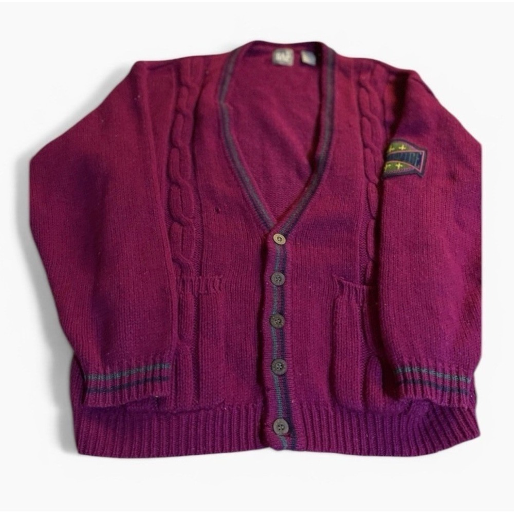 VTG 90s Gap Shetland Wool Grandpa Cardigan Sweater Burgundy Maroon Mens M - Picture 2 of 10